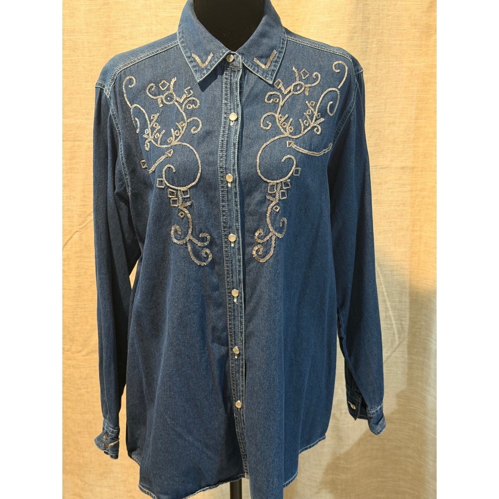 Womens Western Denim Beaded Button Down Shirt Blue Cotton Long Sleeve Size 2